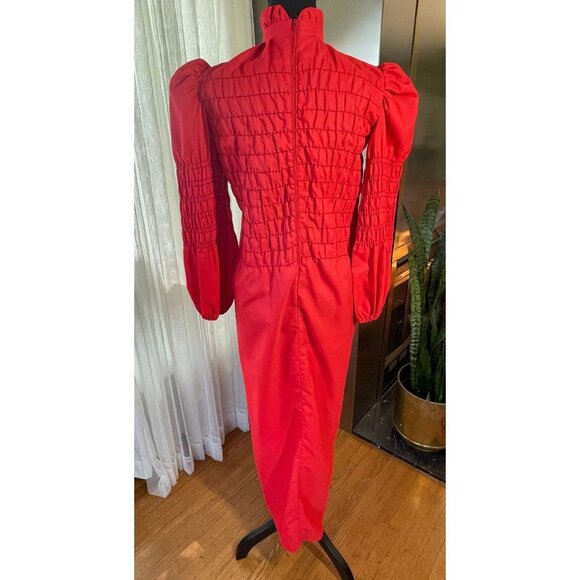 Vintage 70s red dress, smocked bodice with long sleeves, ankle length, 10/12 (L) - Picture 6 of 8